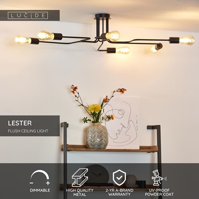 Lucide LESTER - Flush ceiling light - 6xE27 - Black